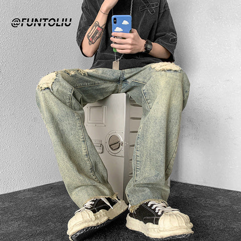 Men Jeans Ripped Jeans Men's Summer Retro Casual Trousers