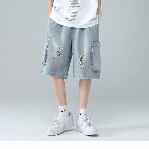 Men Jeans Ripped Workwear Pants Men's Summer Retro Denim Shorts