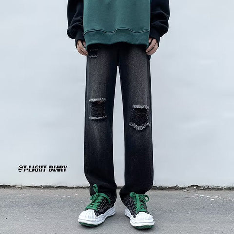 Men Jeans Ripped Jeans Men's Summer Retro Men's Black Trousers Loose Straight