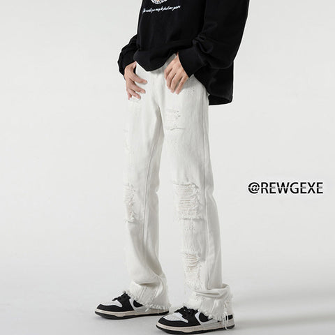 Men Jeans Black Jeans Men's Spring and Autumn Straight-Leg Pants Ripped Leisure Trousers