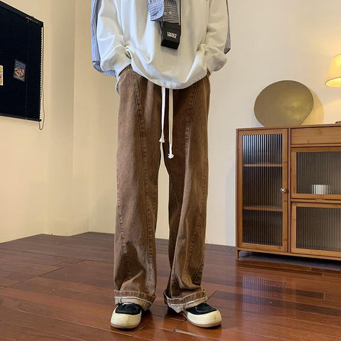 Men Jeans Washed-out Vintage Jeans Autumn Hiphop Loose-Fitting Wide-Leg Trousers