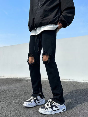 Men Jeans Black Ripped Zipper Jeans Summer Straight-Leg Trousers