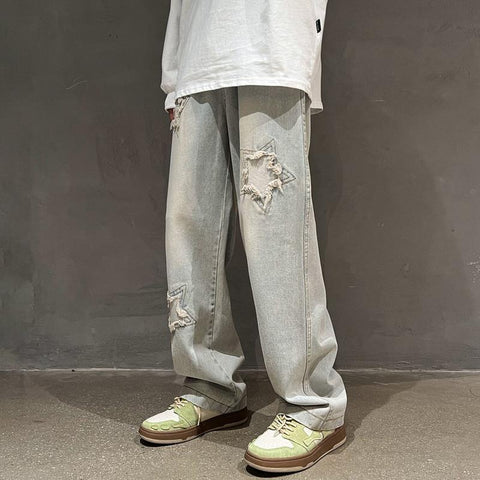 Men Jeans Oldschool Ripped Jeans Men's Summer Loose Straight P Pants