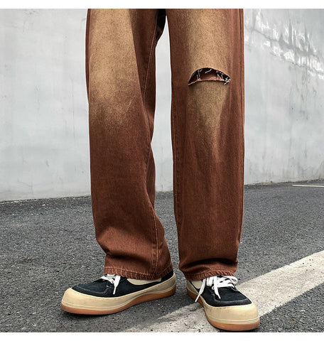 Men Jeans Vintage Brown Jeans Summer Straight Ripped Trousers