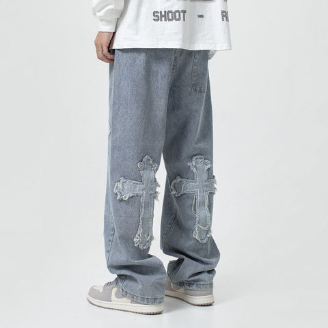 Men Jeans Cross Patchwork Jeans Hip Hop Straight Loose-Fitting Wide-Leg Trousers