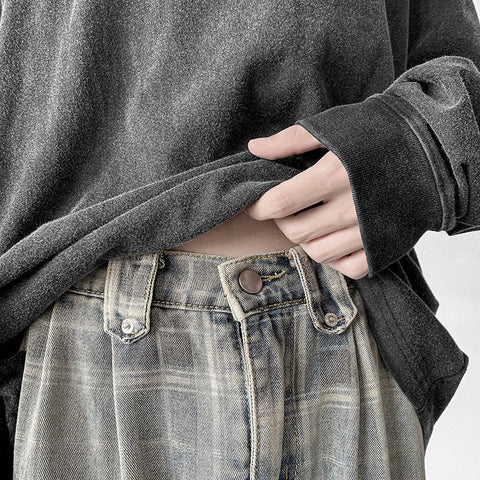 Men Jeans Autumn Loose Straight Wide Leg Pants Retro Trousers