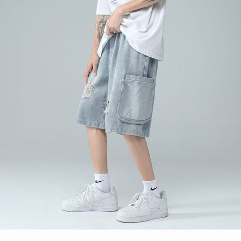 Men Jeans Ripped Workwear Pants Men's Summer Retro Denim Shorts