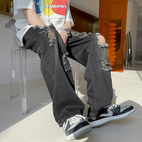 Men Jeans Ripped Jeans Loose Retro Straight-Leg Wide-Leg Pants