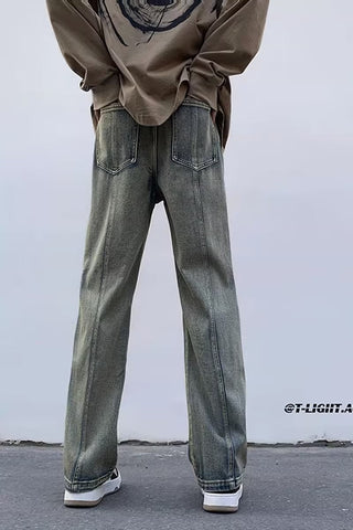 Men Jeans Washed Second-Hand Black Color Stitching Jeans Slim Straight Bootcut Trousers