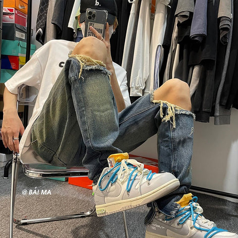 Men Jeans Retro Washed Make Old Ripped Jeans Zipper Trousers