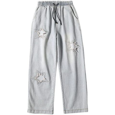 Men Jeans Five-Pointed Star Summer Washed-out Vintage Wide Leg Denim Trousers