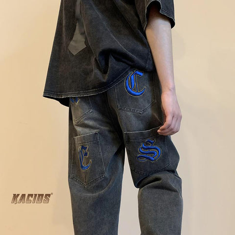 Men Jeans Embroidered Jeans Ripped Men's Summer Baggy Straight Trousers