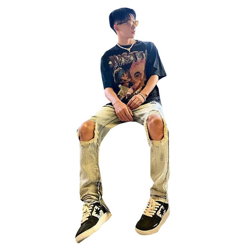 Men Jeans Ripped Jeans Men's Summer Vintage Distressed Loose Casual Wide-Leg Trousers