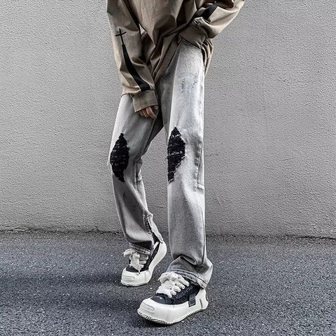 Men Jeans Gray Broken Hole Jeans Public Zipper Split Bootcut Trousers