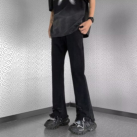 Men Jeans Raw Hem Ripped Skinny Jeans Summer Baggy Straight Trousers