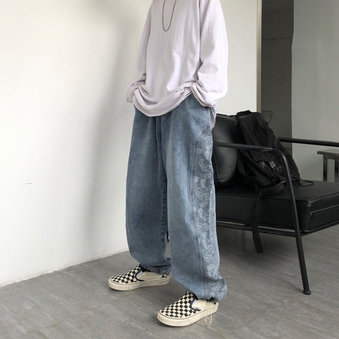 Men Jeans Washed Denim Trousers Elastic Waist Baggy Straight Trousers