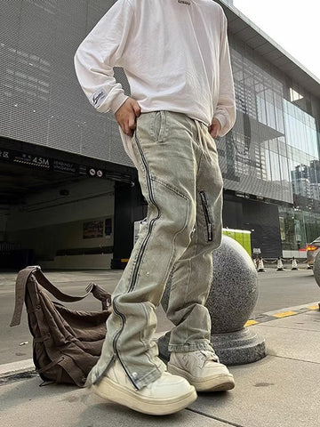 Men Jeans Worn Looking Washed-out Side Zipper Slightly Flared Jeans