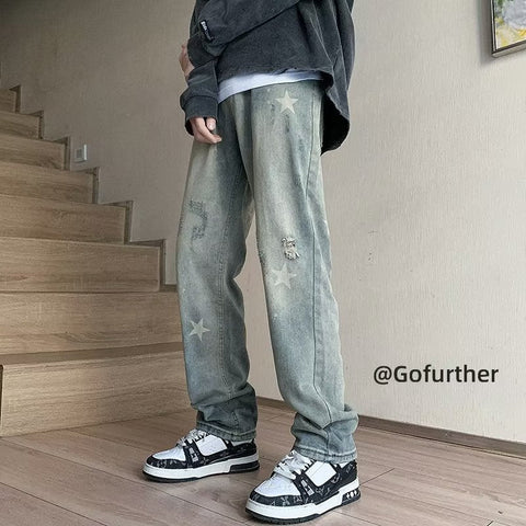 Men Jeans XINGX Printed Jeans Washed Straight Broken Holes Pants
