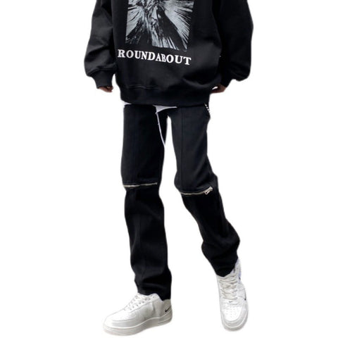 Men Jeans Vintage Black Knee Ripped Zipper Jeans