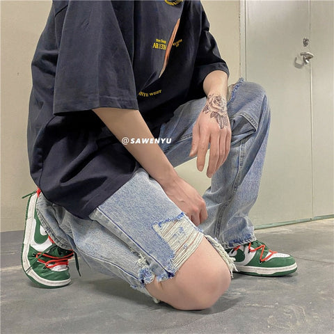 Men Jeans Ripped Jeans Washed Loose Wide Leg