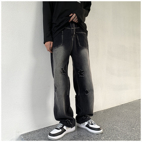 Men Jeans Ripped Jeans Men's Autumn Retro Loose Straight Trousers