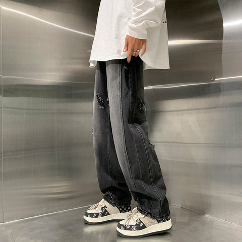 Men Jeans Ripped Jeans Men Autumn Winter Retro Straight Wide Leg Casual Trousers