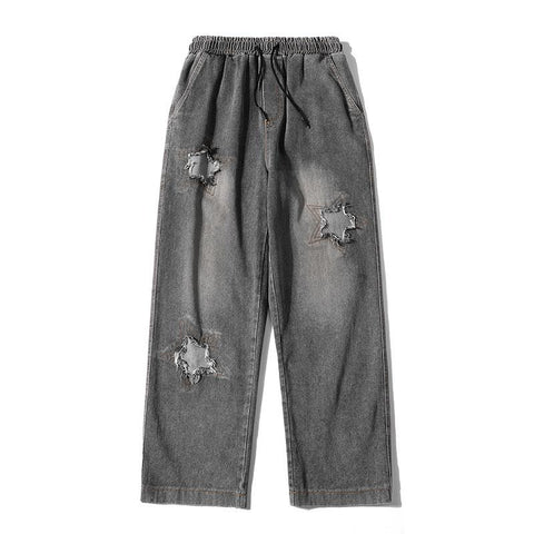 Men Jeans Five-Pointed Star Summer Washed-out Vintage Wide Leg Denim Trousers
