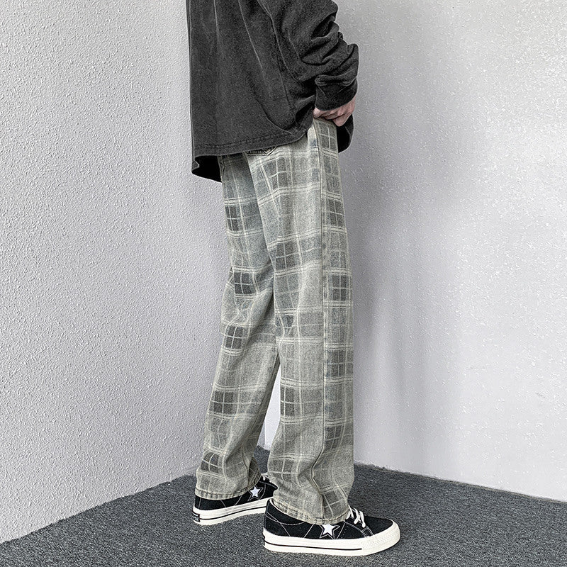 Men Jeans Autumn Loose Straight Wide Leg Pants Retro Trousers