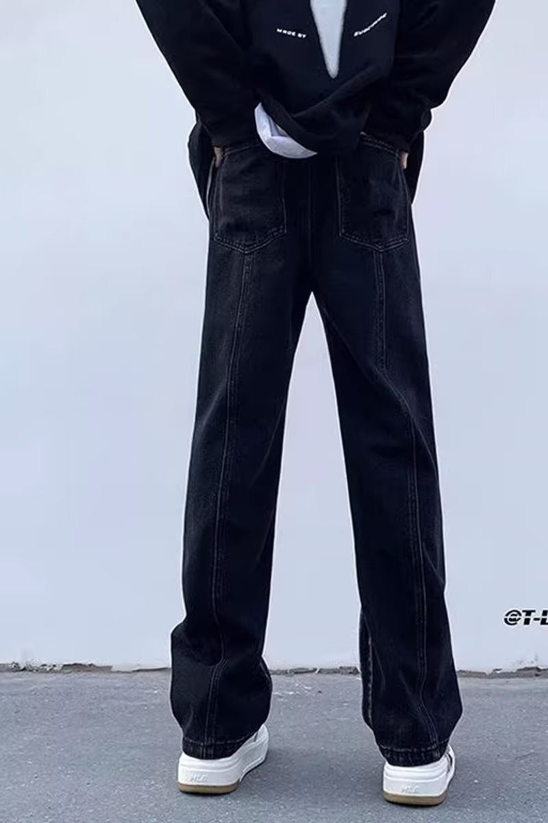 Men Jeans Washed Second-Hand Black Color Stitching Jeans Slim Straight Bootcut Trousers