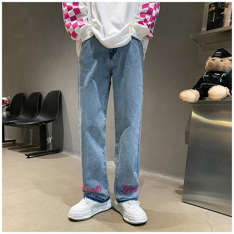 Men Jeans Embroidered Washed Distressed Loose Straight Pants Trousers