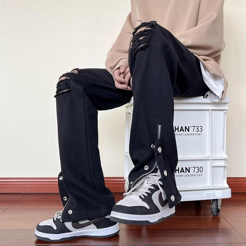Men Jeans Black Ripped Jeans Spring and Autumn Zipper Straight-Leg Pants