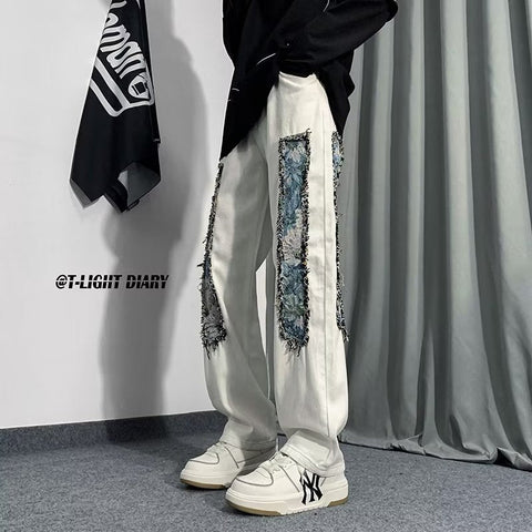 Men Jeans Patchwork Stitching Jeans Loose Straight Trousers