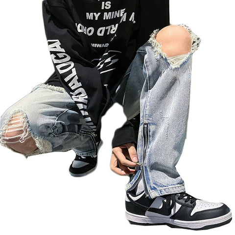 Men Jeans Ripped Jeans Men's Summer Straight Casual Wide-Leg Trousers