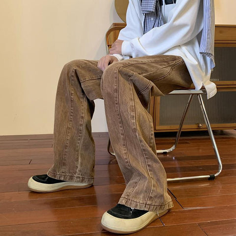 Men Jeans Washed-out Vintage Jeans Autumn Hiphop Loose-Fitting Wide-Leg Trousers