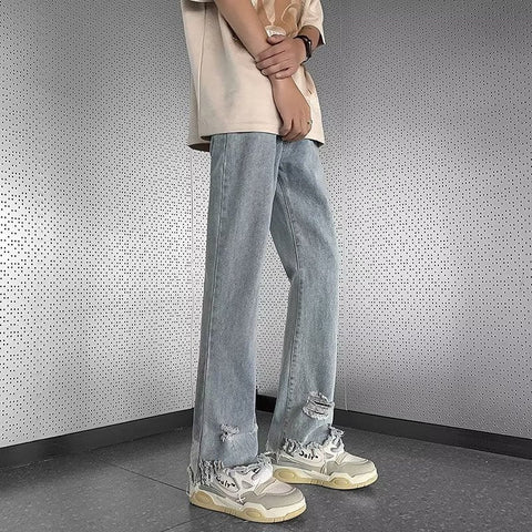 Men Jeans Raw Hem Ripped Skinny Jeans Summer Baggy Straight Trousers