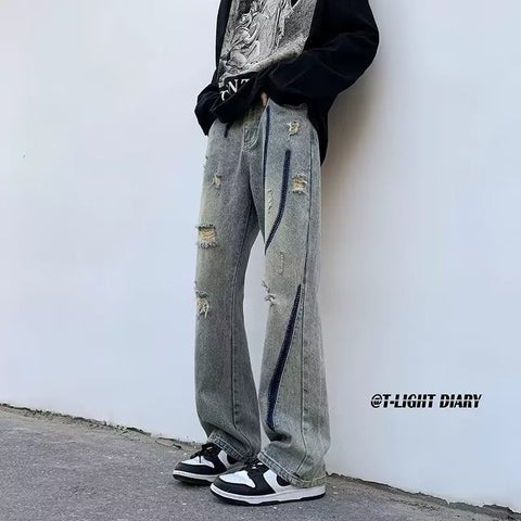 Men Jeans Ripped Jeans Summer Washed Distressed Wide-Leg Straight Pants
