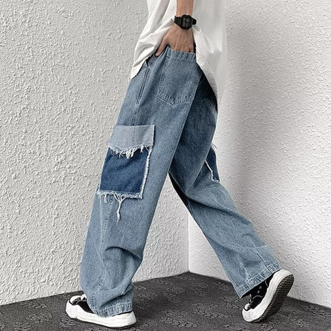 Men Jeans Patch Ripped Jeans Summer Retro Straight Loose Pants