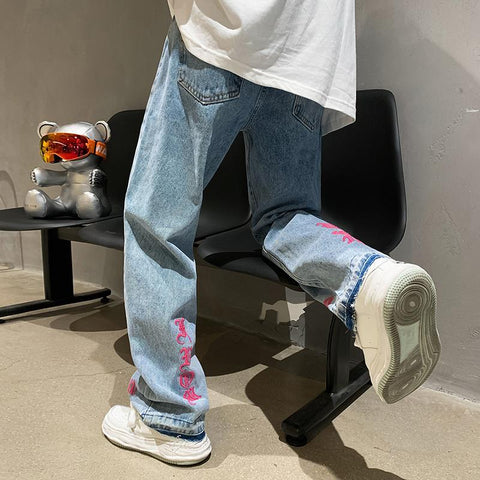 Men Jeans Vintage Jeans Men Autumn Embroidery Pants Baggy Straight Trousers