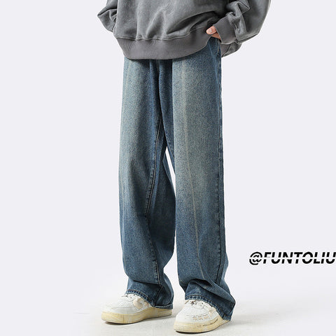 Men Jeans Loose Straight Casual Trousers Ancient Washed Distressed Wide-Leg Pants