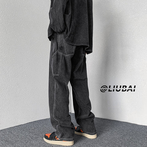 Men Jeans Vintage Hiphop Jeans Loose Straight Cargo Trousers Spring-Autumn Wide-Leg Pants