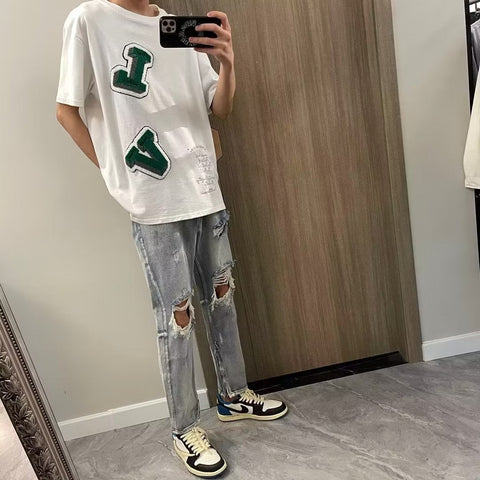 Men Jeans Ripped Jeans Men's Summer Vintage Distressed Zipper Trousers