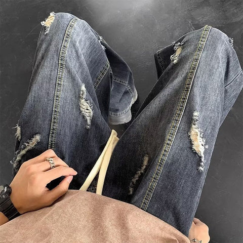 Men Jeans Summer Water Washed Hole Loose Straight Casual Trousers