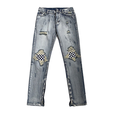 Men Jeans Summer Water Washed Hole Jeans Patch Plaid Pants