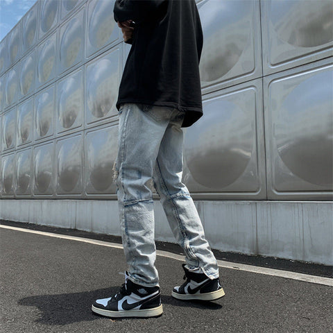 Men Jeans Loose Hole Straight Tide Trousers