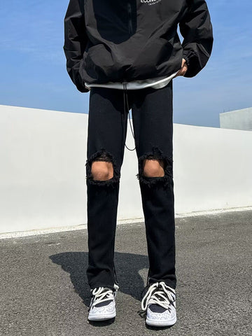 Men Jeans Black Ripped Zipper Jeans Summer Straight-Leg Trousers