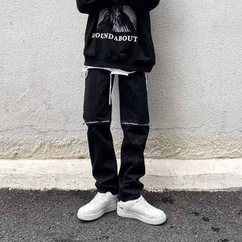 Men Jeans Vintage Black Knee Ripped Zipper Jeans