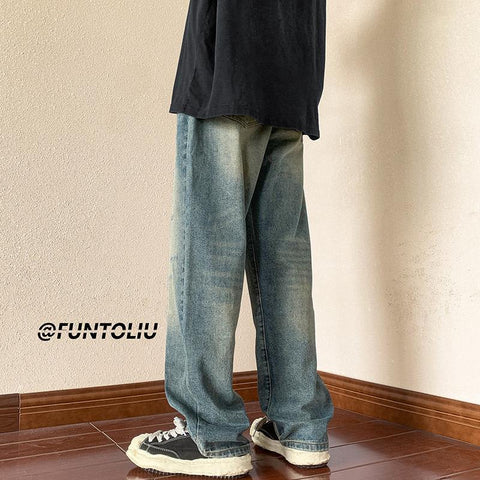Men Jeans Vintage Jeans Autumn Distressed Washable Pants Loose Straight Wide Leg Pants