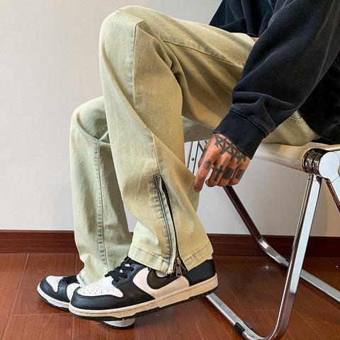 Men Jeans Zipper Dyed Jeans Men's Split Washed Straight Bootcut Trousers