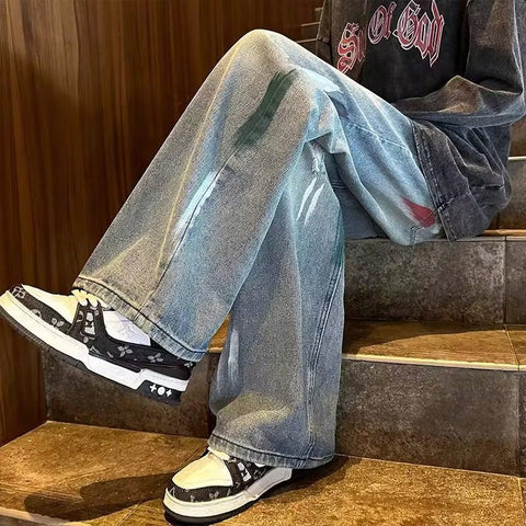 Men Jeans Men's Autumn Washed Distressed Wide-Leg Pants Loose Straight Casual Trousers