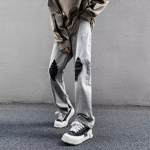 Men Jeans Gray Broken Hole Jeans Public Zipper Split Bootcut Trousers
